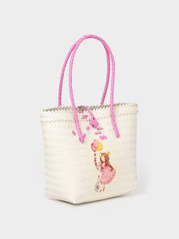 Сумка плетёная на застёжке «Девочка с букетом», 40×10×55 см, пластик, бело-розовая
