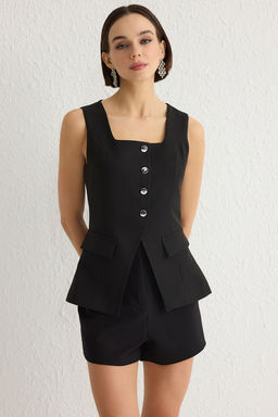 TRENDYOLMILLA Beyaz Fitted Kare Yaka Kal?n Ask?l? Dokuma Yelek TWOSS25YE00026