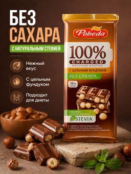 Шоколад, "Молочный без добавления сахара  с цельным фундуком "Чаржед", 90г
