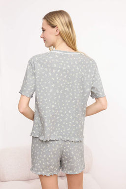 Gri %100 Pamuk Cicekli Dantel Detayl? Orme Pijama Tak?m? THMSS26PT00124