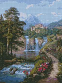 Вышивка крестиком 40х50см, Замок у водопада
