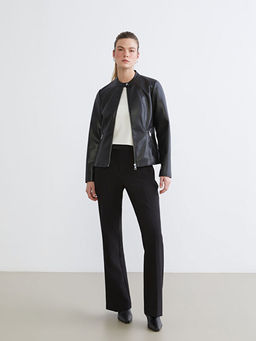 Bisiklet Yaka Kad?n Deri G?r?n?ml? Ceket