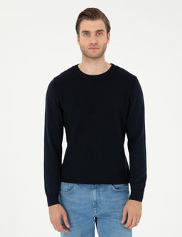 Lacivert Regular Fit Bisiklet Yaka Y_n Kar___ml_ Triko Kazak