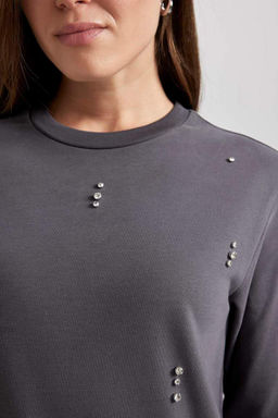 Футболка-туника с длинными рукавами из чесаного хлопка с круглым вырезом и вышивкой обычного кроя - Defacto фото 7