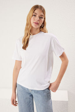 Beyaz-Beyaz 2li Paket %100 Pamuk Basic Dik Yaka Orme T-Shirt TWOSS20TS1500