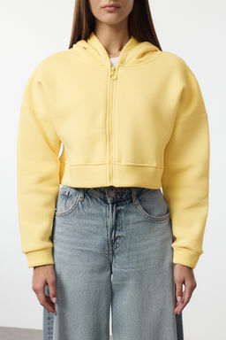 Ac?k Sar? Fermuarl? Kapusonlu Rahat Kesim Crop Kal?n Ici Polarl? Orme Sweatshirt TWOAW20SW0660
