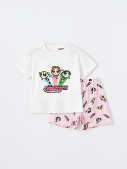 Bisiklet Yaka PowerPuff Girls Bask?l? K?sa Kollu K?z ?ocuk ?ortlu Pijama Tak?m?
