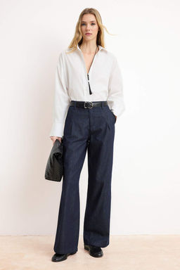 Koyu Mavi DOKUMLU Pile Detayl? Normal Bel %100 Pamuk Wide Leg Jeans TWOSS26JE00027 - Trendyolmilla фото 3
