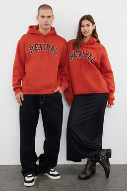 Kiremit Oversize/Geni_ Kesim Kap__onlu __i Polar/S_cak Tutan Pamuk Unisex Sweatshirt TMNAW22SW1462