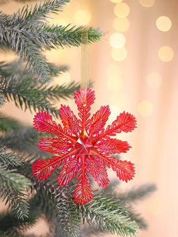 Цена за 2 шт. Ёлочная игрушка Зимнее волшебство. Снежинка ажурная, 1111 см, красный перелив  фото 7