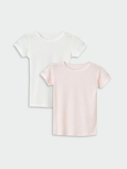 Bisiklet Yaka Kendinden Desenli K?sa Kollu K?z ?ocuk Fanila 2li