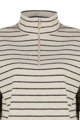 Ac?k Bej Cizgili Selanik Fermuarl? Dik Yaka Regular/Normal Kal?p Orme Sweatshirt TWOAW22SW0732