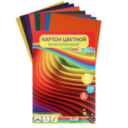 Картон цветной А4, 8 листов, 8 цветов Графика, немелованный 220 г/м2, в т/у пленке