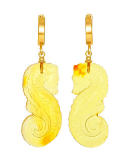 Оригинальные серьги с натуральным янтарём лимонного цвета Морской конёк