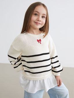 Bisiklet Yaka ?izgili K?z ?ocuk Triko Kazak