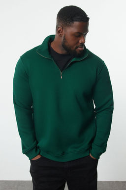TRENDYOL MAN Yesil Buyuk Beden Oversize/Normal Kesim Dik Yaka Fermuarl? Ici Polarl? Sweatshirt TMNAW24AO00024