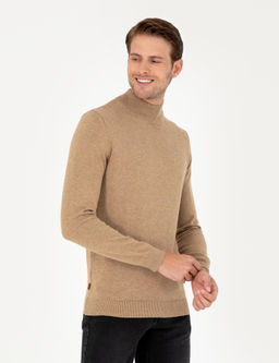 Camel Melanj Slim Fit Yar_m Bal_k__ Yaka Basic Triko Kazak