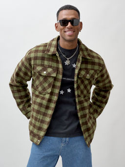Куртка рубашка шерстяная в клетку мужская демисезонная зеленого цвета 58566Z