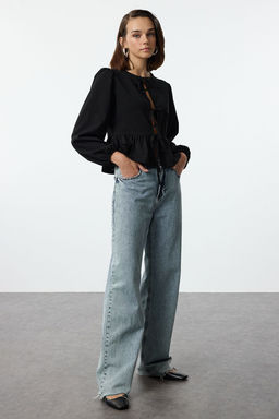 Siyah Baglama Detayl? Regular/Normal Kal?p Esnek Orme Bluz TWOAW25BZ00230