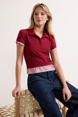 Bordo Regular/Normal Kal?p Polo Yaka Dokuma Detayl? Tok %100 Pamuk Orme Bluz TWOSS26BZ00263
