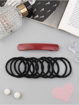 Цена за 6 шт. Набор для волос QF «Лилит», 10 резинок 6.5 см, заколка - автомат 9 см, чёрный, бордовый