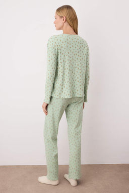 Mint Yumusak Tuse Pamuklu Cicekli Fitilli Orme Pijama Tak?m? THMAW25PT00194
