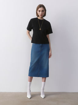 CONTE CON-633 Джинсовая юбка-midi с разрезом и необработанным краем blue