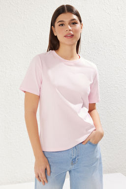 TRENDYOLMILLA Ekru %100 Pamuk Premium Basic Bisiklet Yaka Orme T-Shirt TWOSS23TS00042