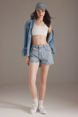 TRENDYOLMILLA Mavi Cicek Nak?sl? Yuksek Bel Denim Sort TWOSS25SR00059  фото 3