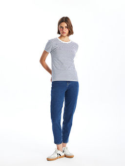 Bisiklet Yaka ?izgili K?sa Kollu Kad?n Ti??rt