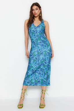 Mavi S?rt Detayl? Cicek Bask?l? Bodycone/Vucuda Oturan Midi Esnek Orme Kalem Elbise TWOSS23EL02311 - Trendyolmilla фото 2