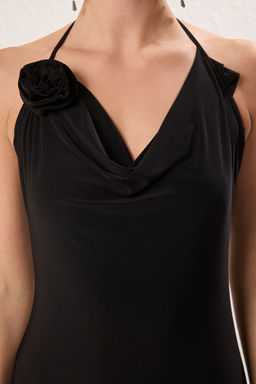 Siyah Gul Detayl? Orme Uzun S?k Abiye Gece Mezuniyet Elbisesi TPRSS25AE00122