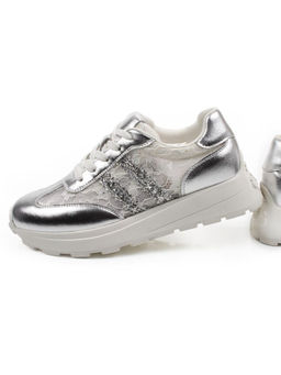 03-A143-3A GREY/SILVER Кроссовки летние женские (натуральная кожа, текстиль)