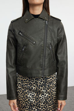Trendyolmilla Antrasit Eskitme Detayl? Suni Deri Biker Ceket Mont TWOAW24MO00277  фото 3