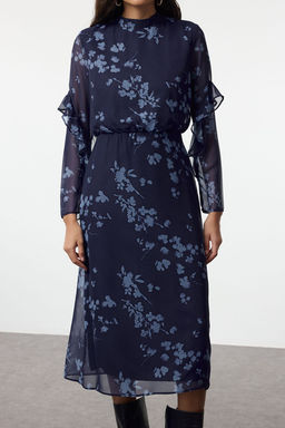Trendyolmilla Lacivert Cicekli A Kesim Midi Dokuma K?sl?k Elbise TWOAW25EL00348  фото 4