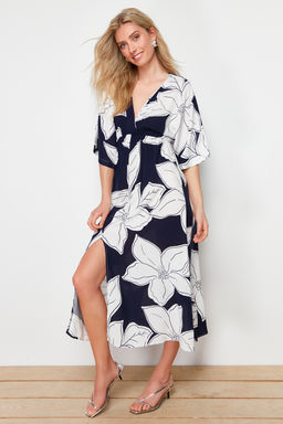 Lacivert Cicek Desenli A Kesim Kruvaze Yaka Midi Dokuma Elbise TWOSS24EL00913