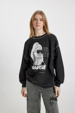 Coool Barbie Oversize Genis Kal?p Bisiklet Yaka Bask?l? Kal?n Kumas Sweatshirt