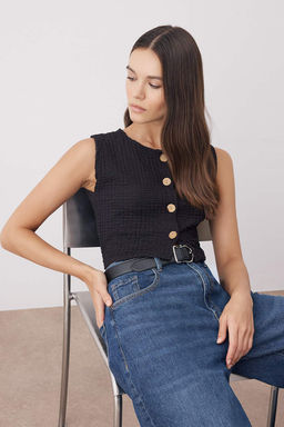 Sar? Dokulu Dugmeli Fitted Crop Esnek Orme Bluz Yelek TWOAW26YE00059 - Trendyolmilla фото 5