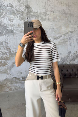 Trendyolmilla Ekru Cizgili Basic Viskon Kar?s?ml? Triko Ince Bluz TWOSS25BZ00488  фото 11
