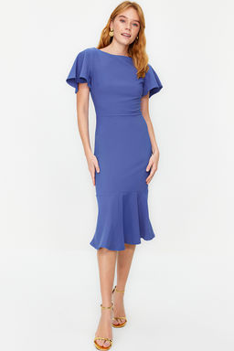 Indigo Fitted/Vucuda Oturan Volanl? Astarl? Midi Dokuma Elbise TWOSS20EL1342