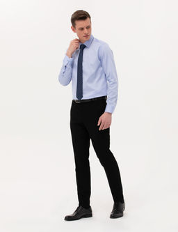 Koyu Mavi %100 Pamuk Parlak Saten Slim Fit Uzun Kollu Basic G_mlek