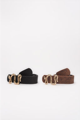 Trendyolmilla Siyah-Taba 2li Paket Croco Desenli Tokal? Deri Gorunumlu Kad?n Kemer TWOAW22KE0076