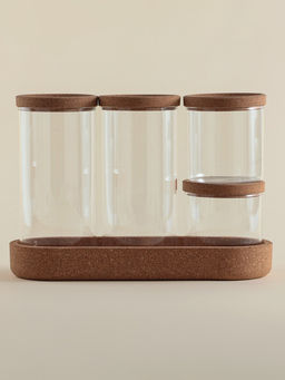 Банки для сыпучих SL Home «Алькорноке», 2 банки 280 ми, 2 банки 650 мл, с пробковой крышкой, на подставке, стекло, прозрачные