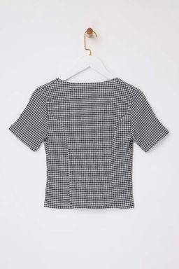 Teen Siyah Ekose Fitted/Vucuda Oturan Dugmeli K?sa Kollu Buzgulu Dokulu Orme Bluz TWOSS26BZ00031