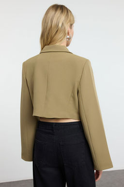 Limited Edition Ac?k Haki Crop Astarl? Kruvaze Dokuma Blazer Ceket TWOAW23BC00076