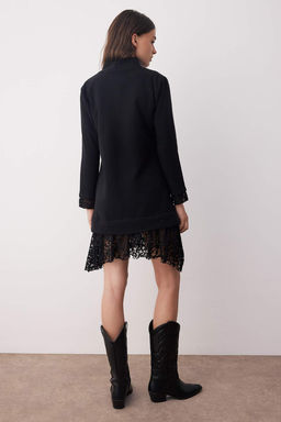 Siyah Dik Yaka Shift/Duz Kesim Uzun Kollu Dantel Garni Detayl? Mini Orme Elbise TWOAW26EL00095