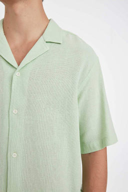 Хлопковая рубашка с коротким рукавом и открытым воротником Relax Fit - Defacto фото 4