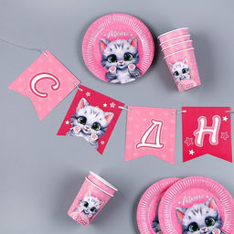Набор бумажной посуды Котик: 6 тарелок, 1 гирлянда, 6 стаканов