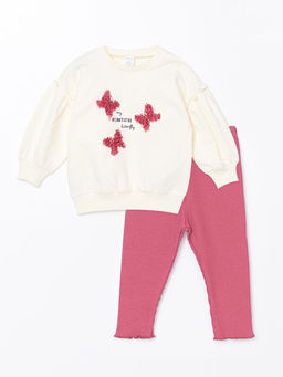 Bisiklet Yaka Uzun Kollu Bask?l? K?z Bebek Sweatshirt ve Tayt 2li Tak?m