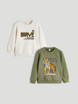 Bisiklet Yaka Bask?l? Erkek ?ocuk Sweatshirt 2li